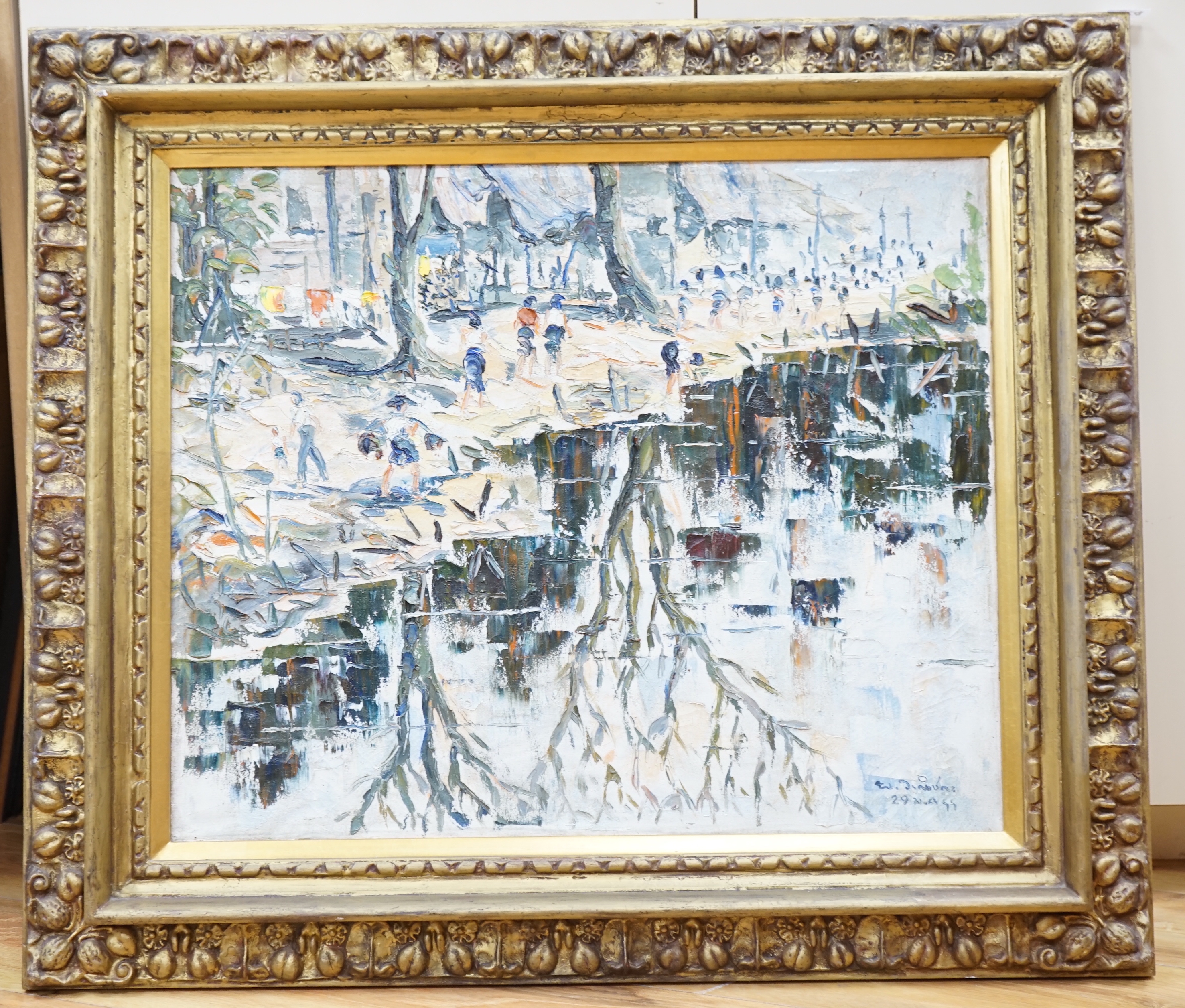 20th century Far Eastern School, oil on canvas, Village by a mountain with figures, indistinctly signed and dated, 59 x 49cm